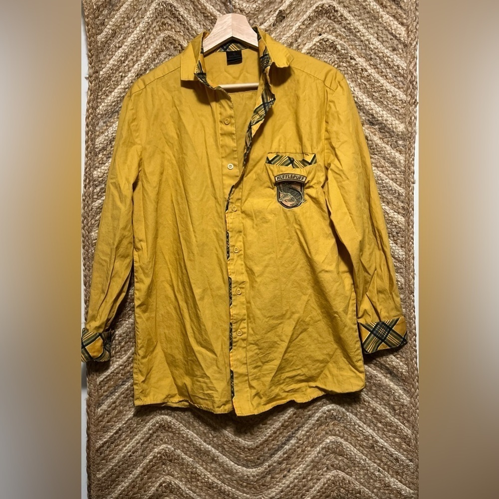 Harry Potter Women's Hufflepuff Yellow Plaid Button Up Long Sleeve Shirt,Size S